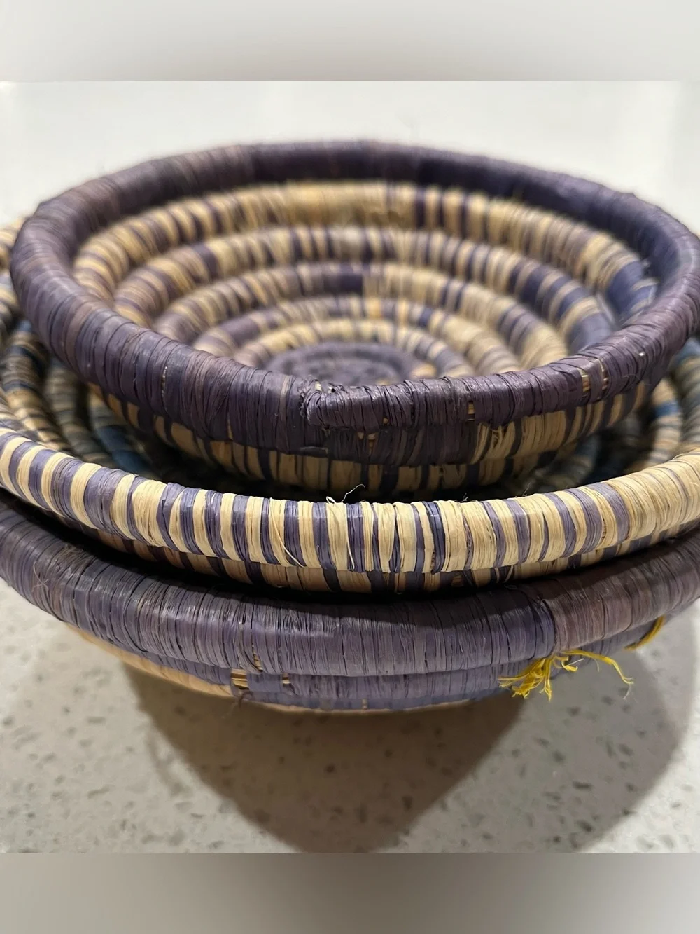 African Uganda Woven Bowl Set (3)- Coastal Light Purple Woven Blues & White